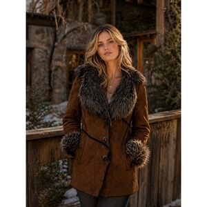 Vintage Faux Suede Faux Fur Trim Coat Plush Lined Toggle Western Boho Med